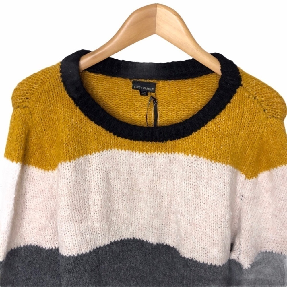 Coco and Carmen Striped Sweater Balloon Sleeve Crewneck Size Small Blue Yellow - Picture 4 of 7